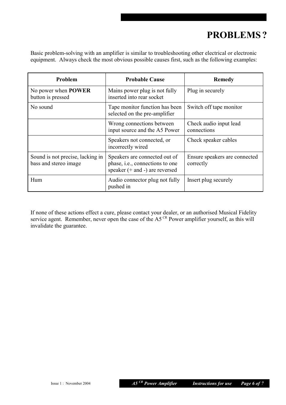 Problems | Musical Fidelity A5 CR User Manual | Page 6 / 7