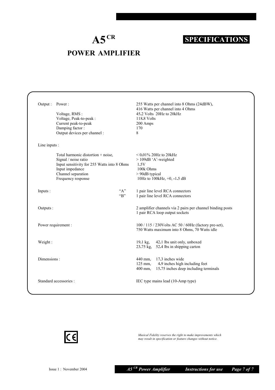 Specifications . power, Amplifier | Musical Fidelity A5 CR User Manual | Page 7 / 7