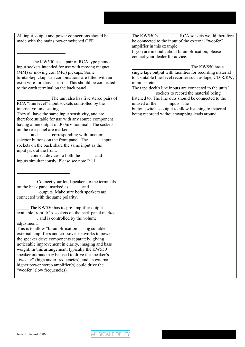 Kw550, Amplifier connections | Musical Fidelity KW550 User Manual | Page 10 / 14