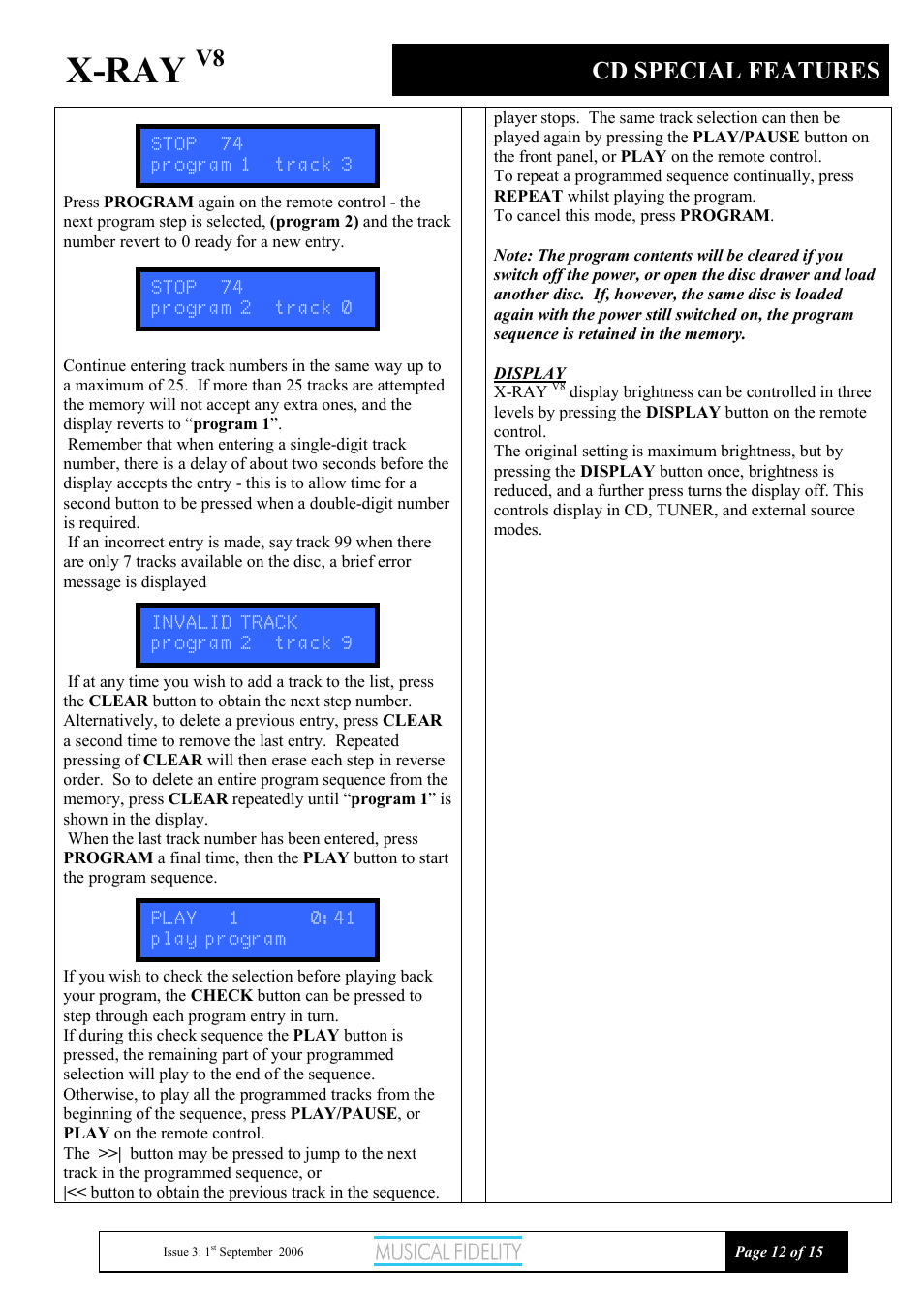 X-ray, Cd special features | Musical Fidelity X-RAY V8 User Manual | Page 12 / 15