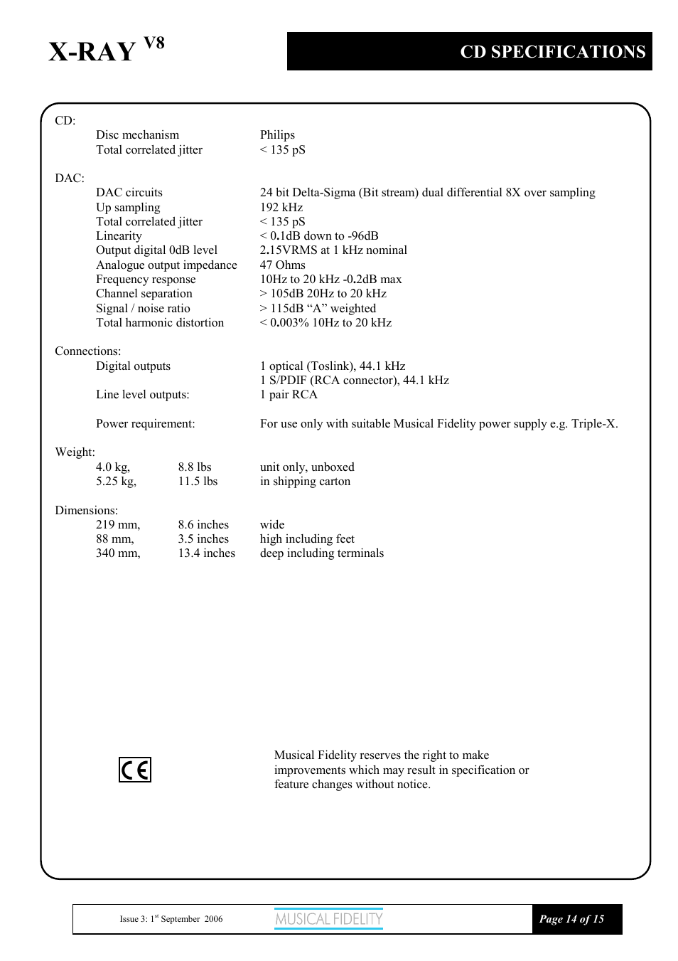 X-ray, Cd specifications | Musical Fidelity X-RAY V8 User Manual | Page 14 / 15