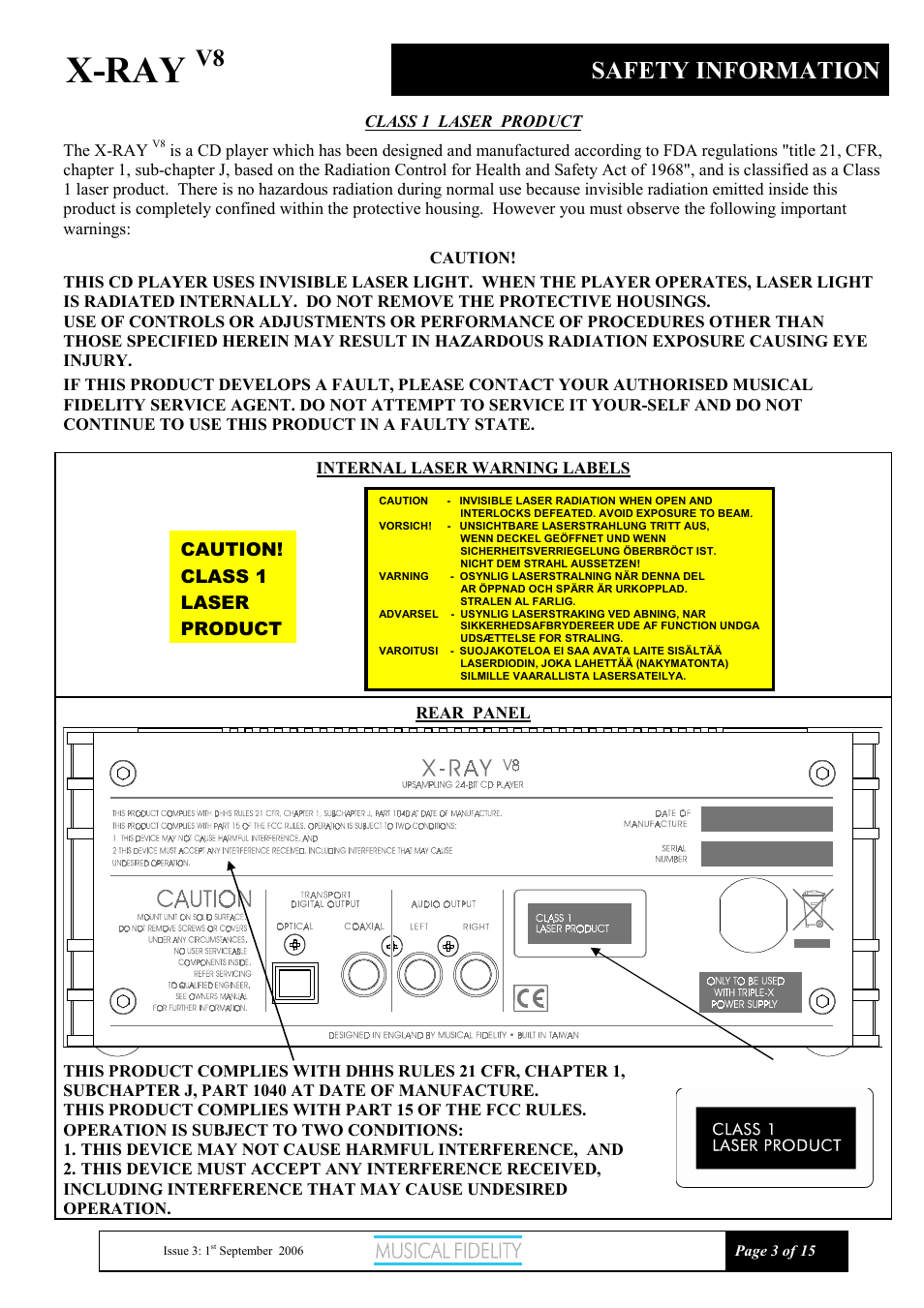X-ray, Safety information | Musical Fidelity X-RAY V8 User Manual | Page 3 / 15