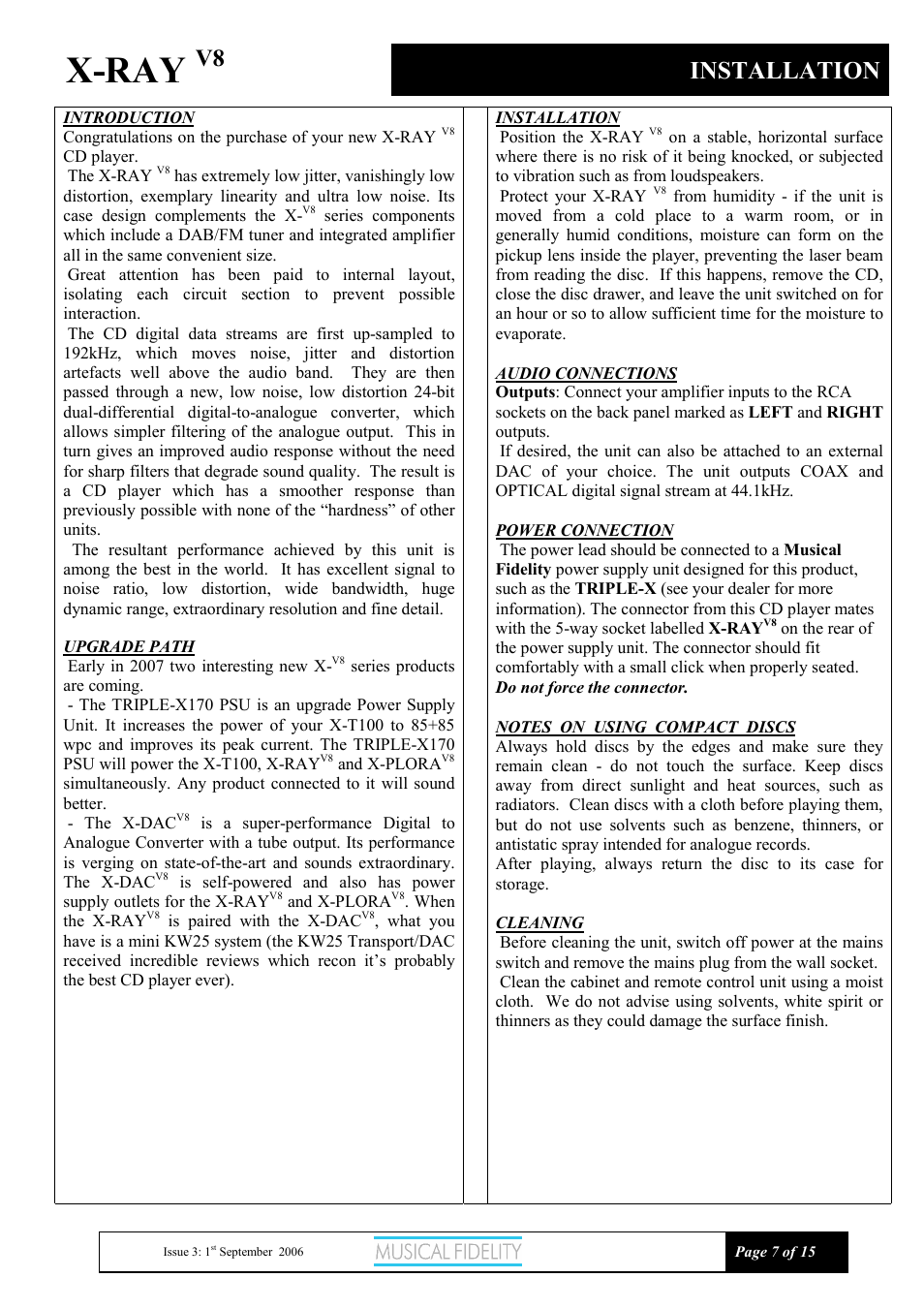 X-ray, Installation | Musical Fidelity X-RAY V8 User Manual | Page 7 / 15
