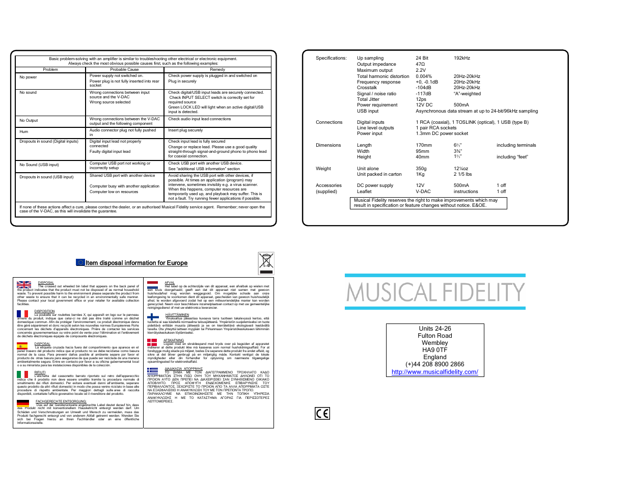 Musical Fidelity V-DACII User Manual | Page 2 / 2