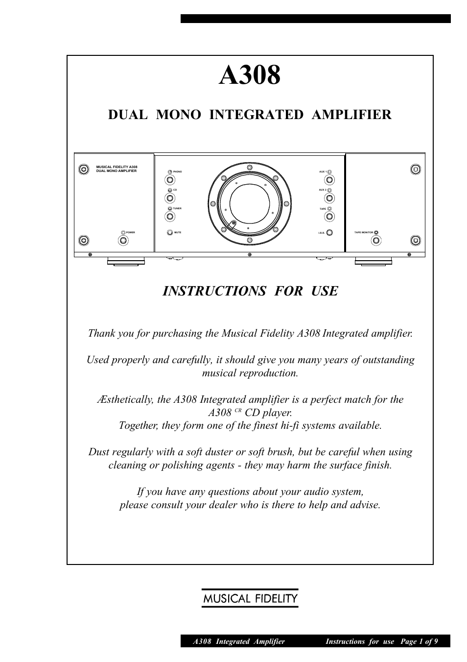 Musical Fidelity A308 User Manual | 9 pages