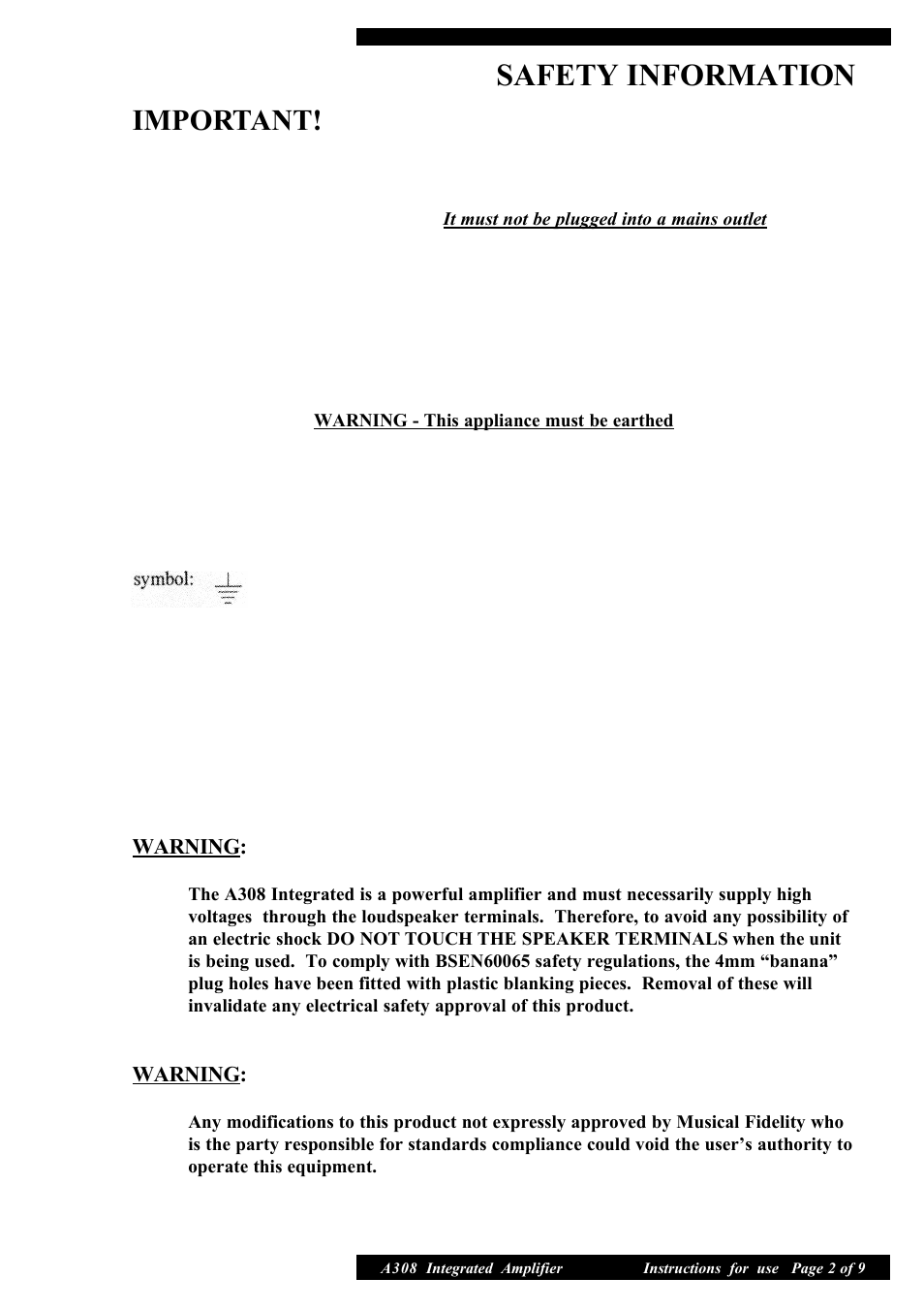 Safety information, Important | Musical Fidelity A308 User Manual | Page 2 / 9