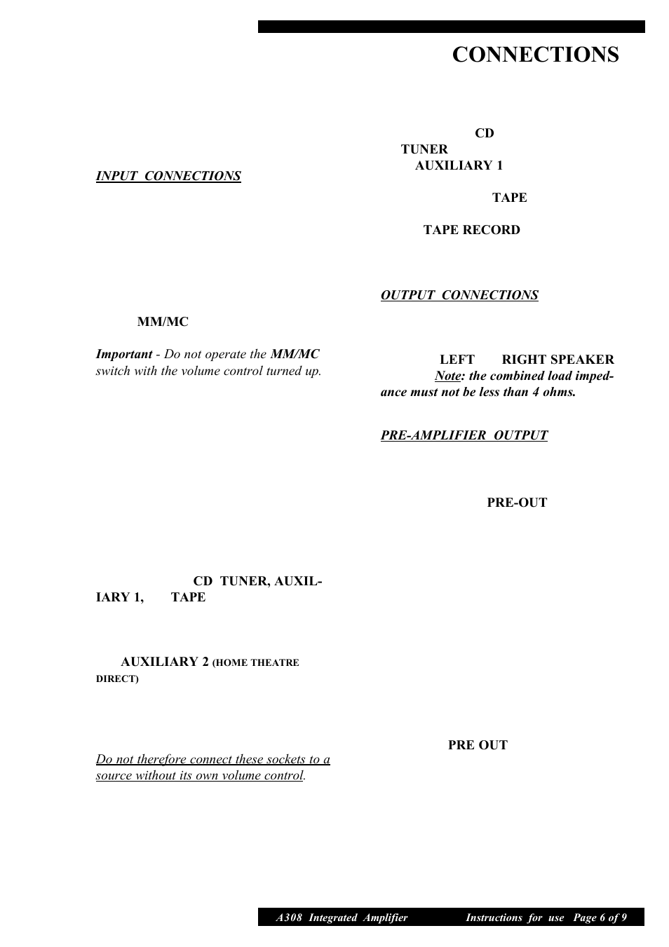 Connections | Musical Fidelity A308 User Manual | Page 6 / 9