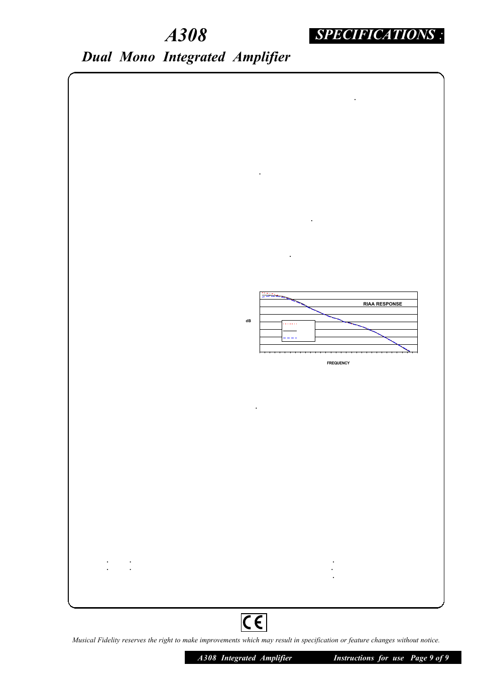 A308, Specifications, Dual mono integrated amplifier | Musical Fidelity A308 User Manual | Page 9 / 9