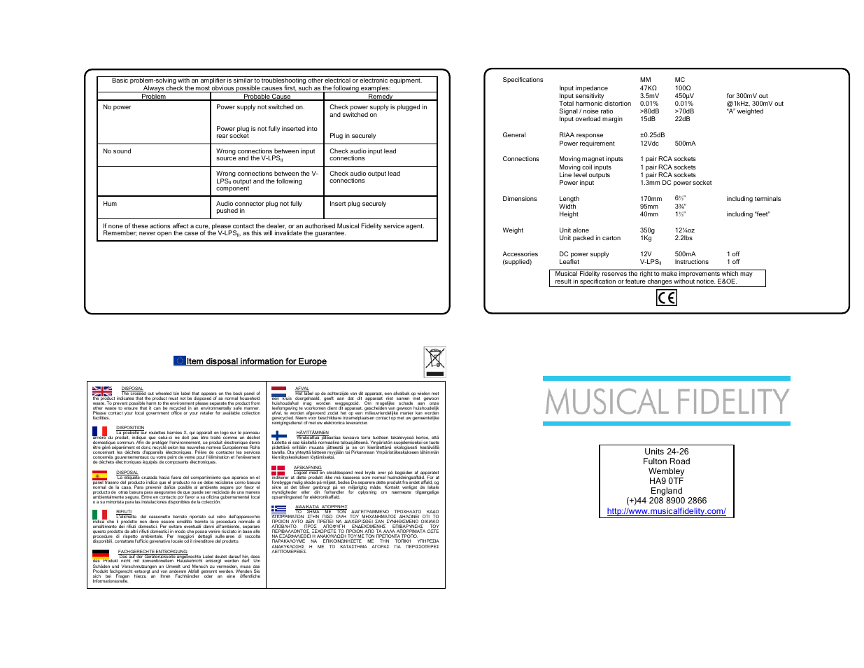 Musical Fidelity V-LPSII User Manual | Page 2 / 2