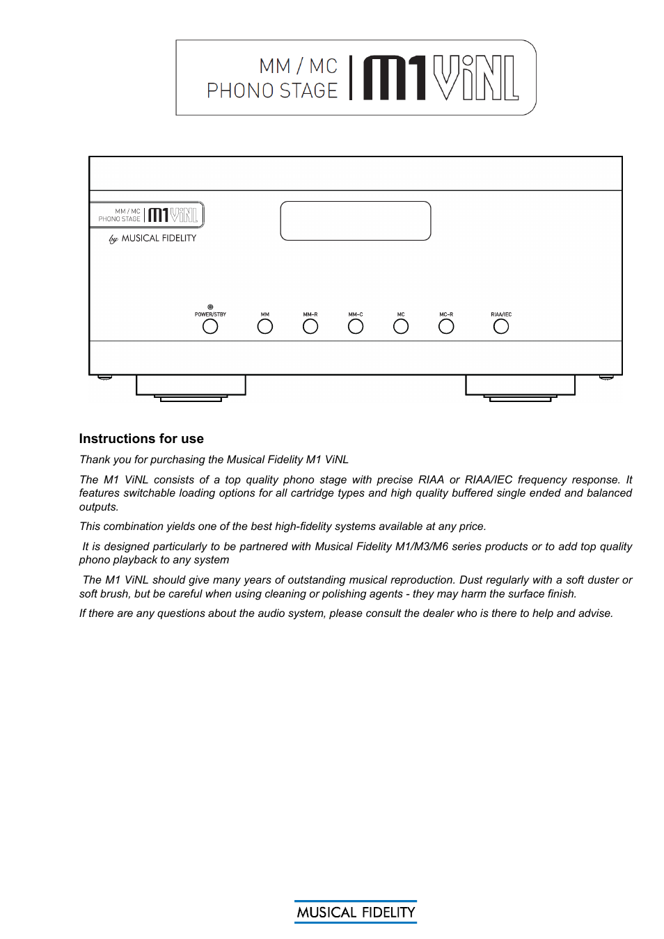 Musical Fidelity MM/MC PHONO STAGE M1 VINL User Manual | 12 pages