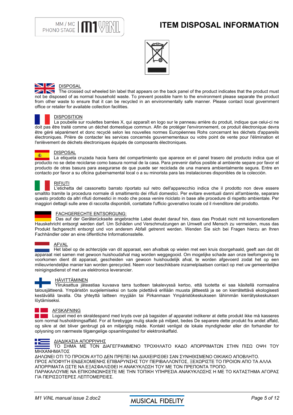 Item disposal information | Musical Fidelity MM/MC PHONO STAGE M1 VINL User Manual | Page 5 / 12