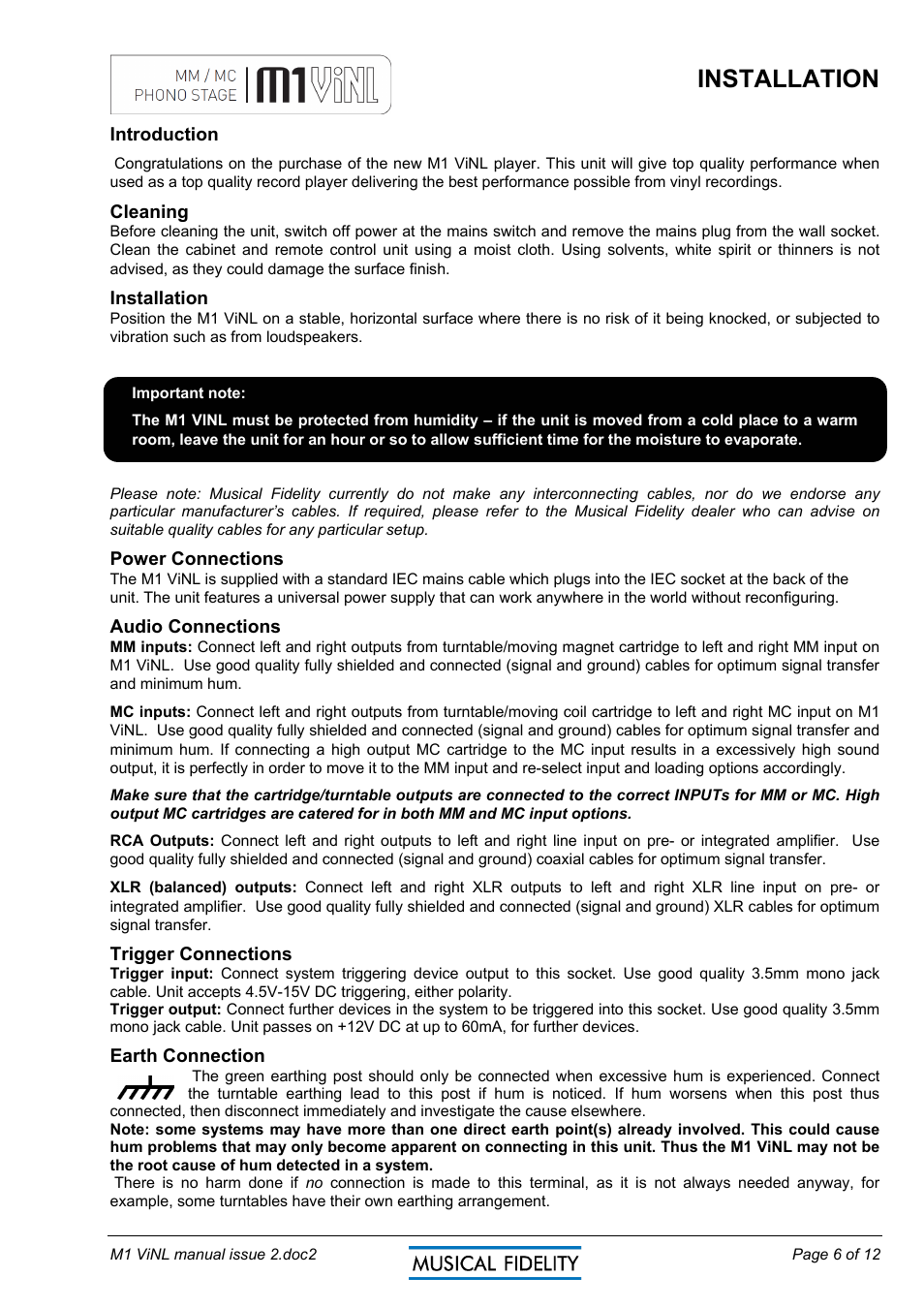 Installation | Musical Fidelity MM/MC PHONO STAGE M1 VINL User Manual | Page 6 / 12