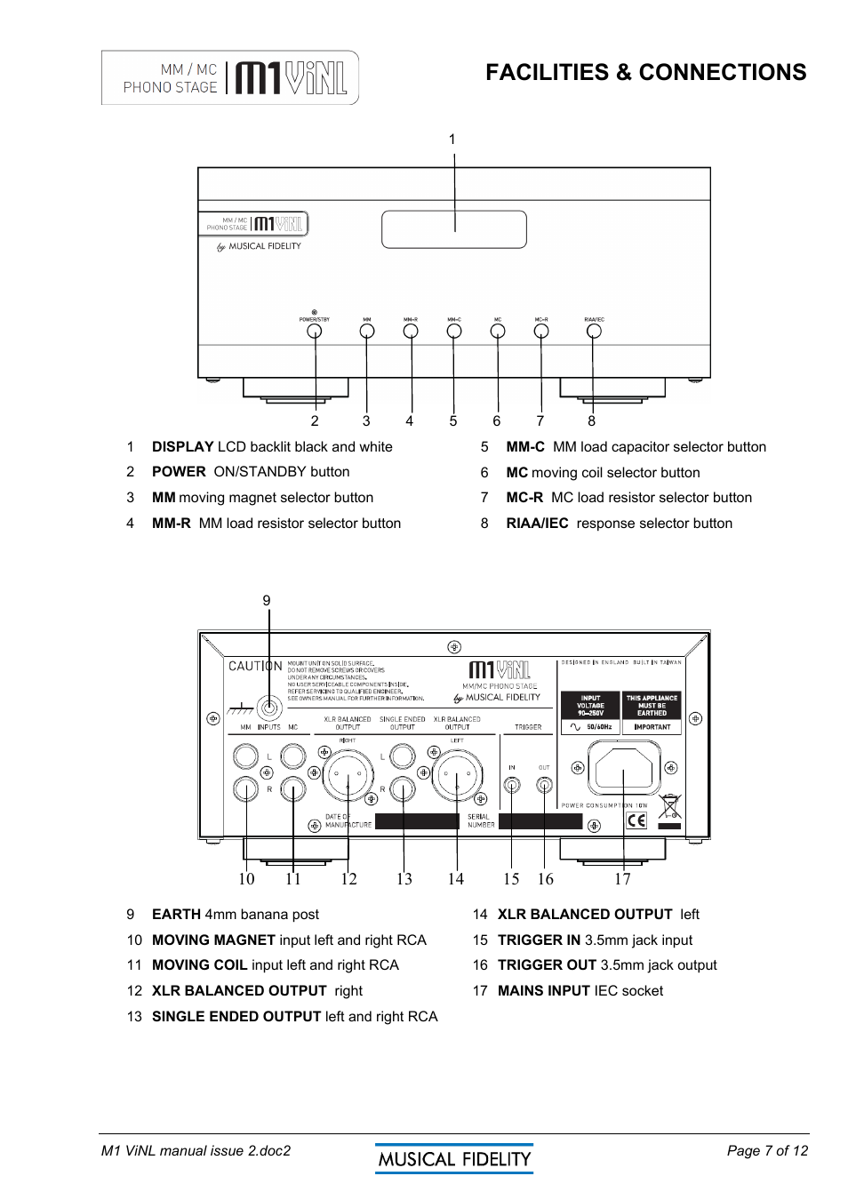Facilities & connections | Musical Fidelity MM/MC PHONO STAGE M1 VINL User Manual | Page 7 / 12