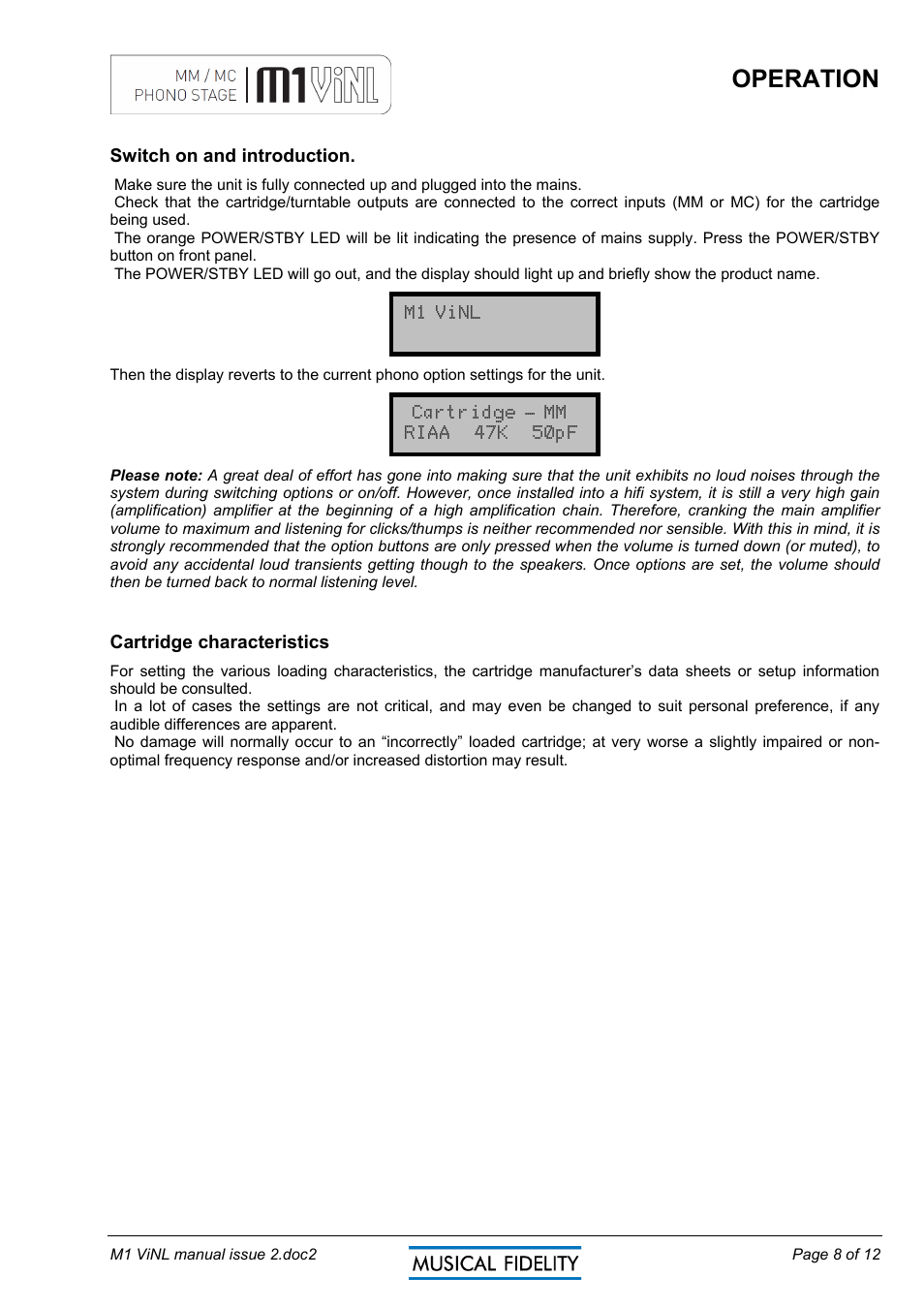 Operation | Musical Fidelity MM/MC PHONO STAGE M1 VINL User Manual | Page 8 / 12