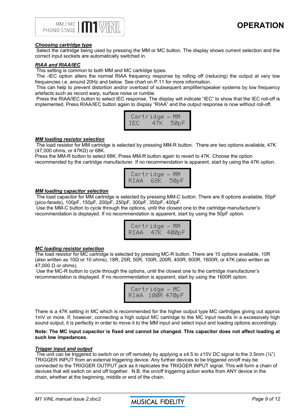 Operation | Musical Fidelity MM/MC PHONO STAGE M1 VINL User Manual | Page 9 / 12
