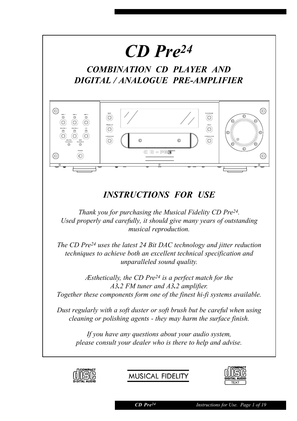 Musical Fidelity CD Pre24 User Manual | 19 pages