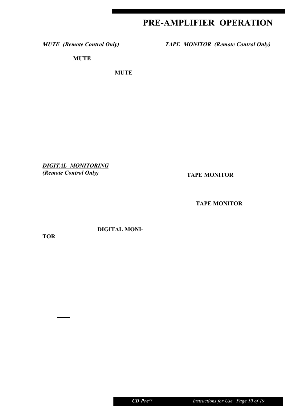 Pre-amplifier operation | Musical Fidelity CD Pre24 User Manual | Page 10 / 19