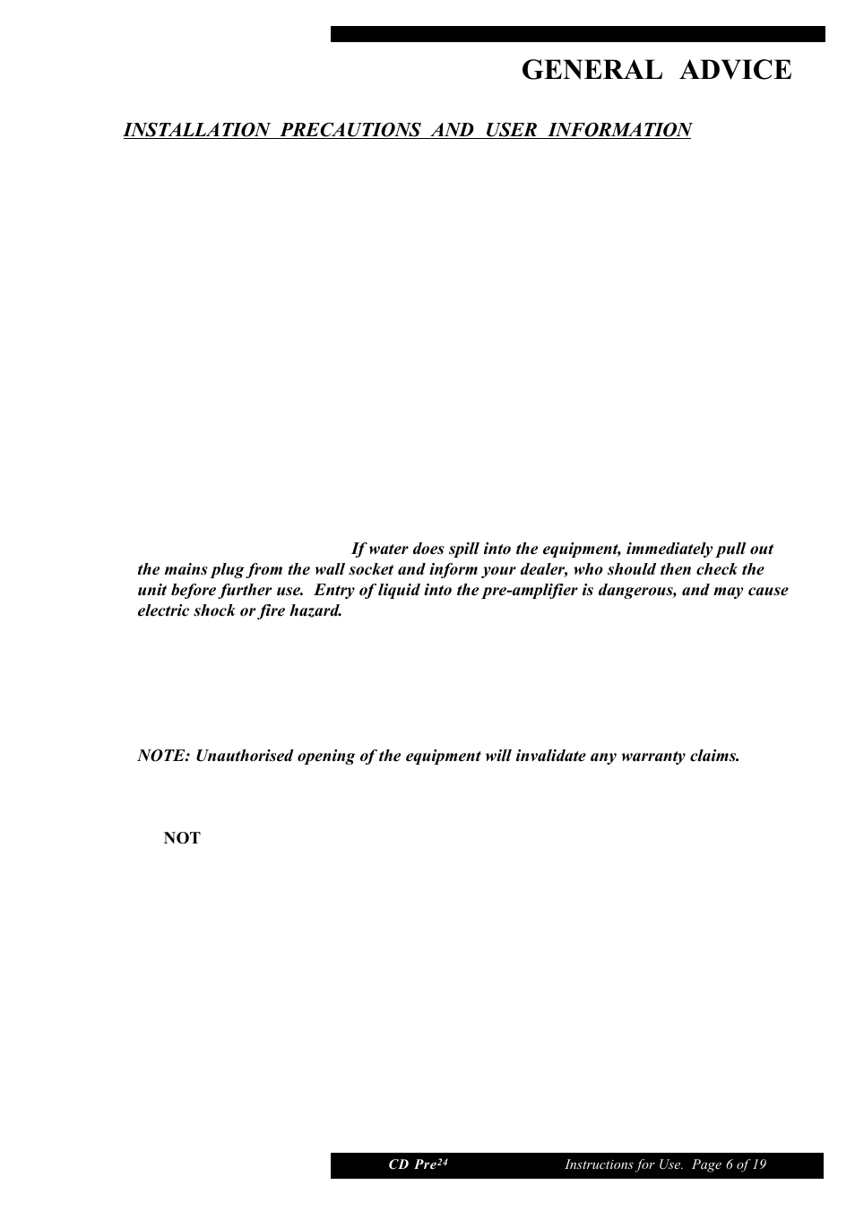 General advice, Installation precautions and user information | Musical Fidelity CD Pre24 User Manual | Page 6 / 19