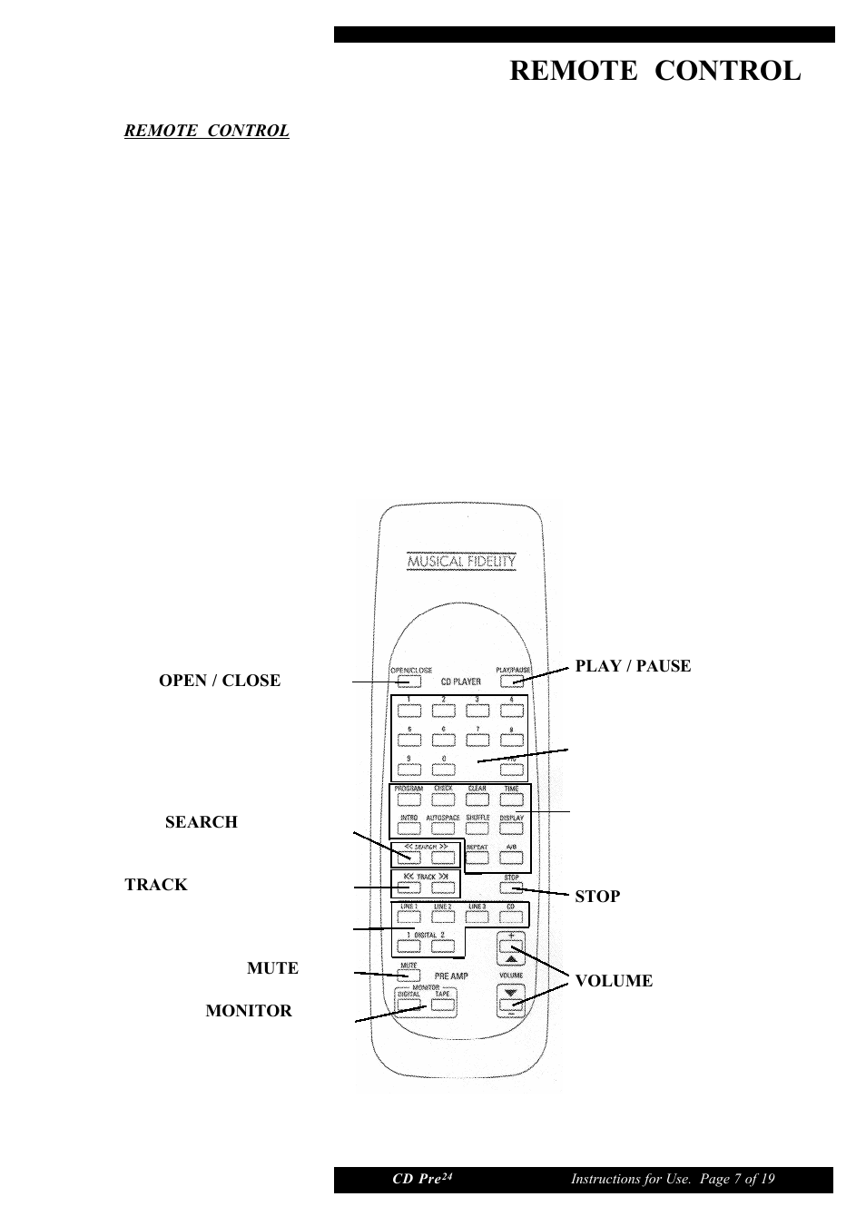 Remote control | Musical Fidelity CD Pre24 User Manual | Page 7 / 19