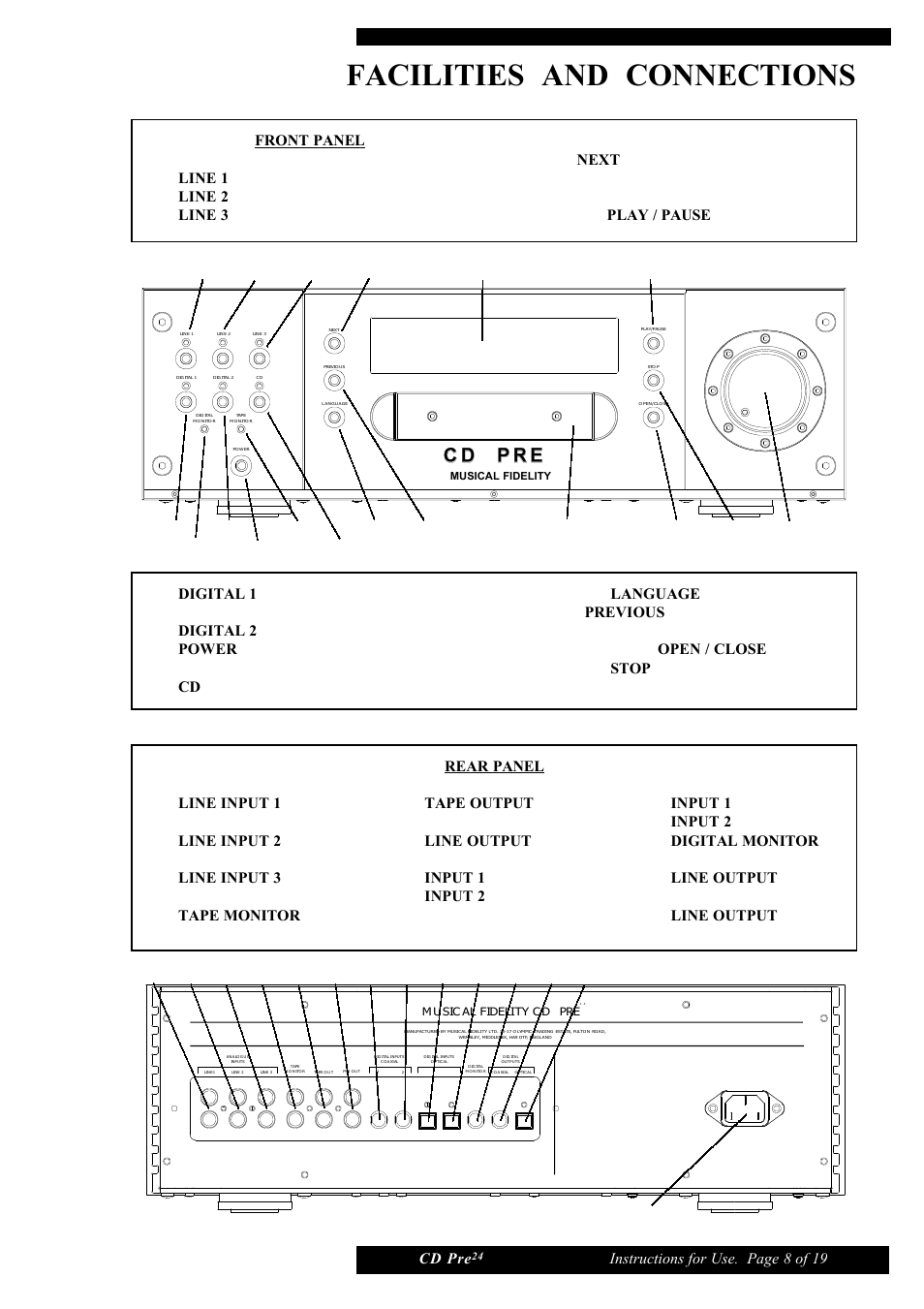 Facilities and connections, Cd pre, Instructions for use. page 8 of 19 | Musical Fidelity CD Pre24 User Manual | Page 8 / 19