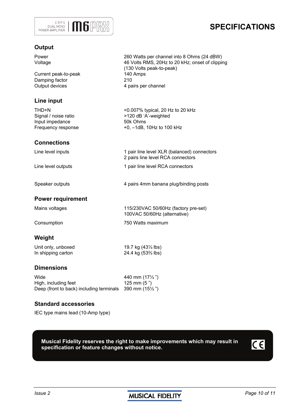 Specifications | Musical Fidelity M6PRX User Manual | Page 10 / 11