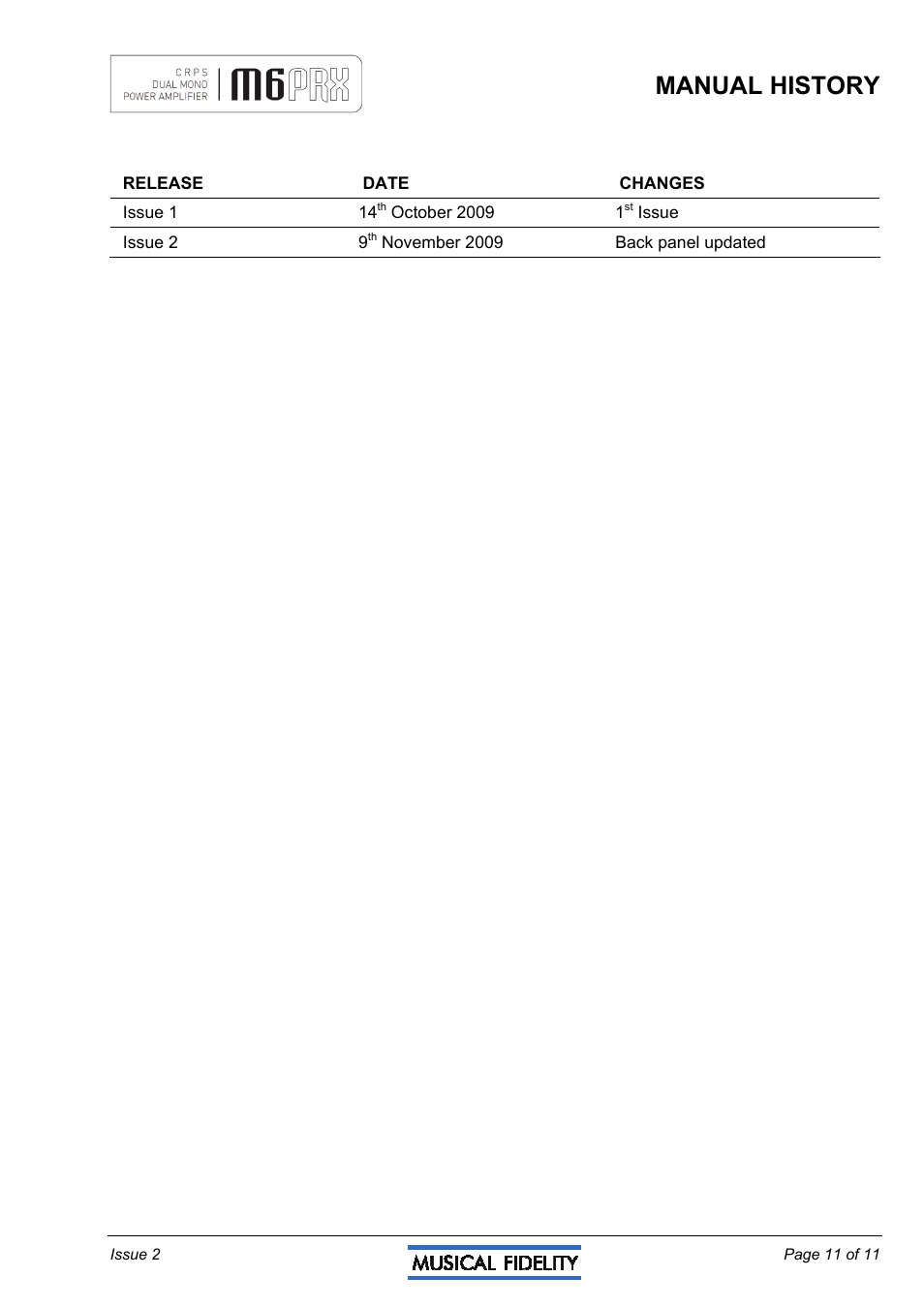 Manual history | Musical Fidelity M6PRX User Manual | Page 11 / 11