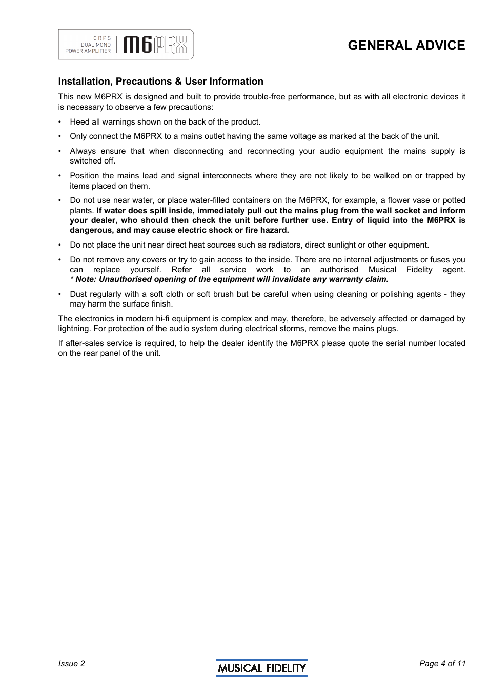 General advice | Musical Fidelity M6PRX User Manual | Page 4 / 11