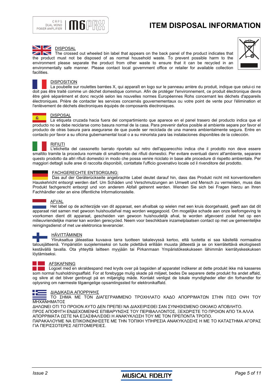 Item disposal information | Musical Fidelity M6PRX User Manual | Page 5 / 11