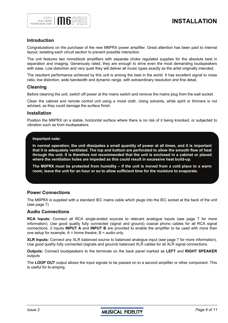 Installation | Musical Fidelity M6PRX User Manual | Page 6 / 11