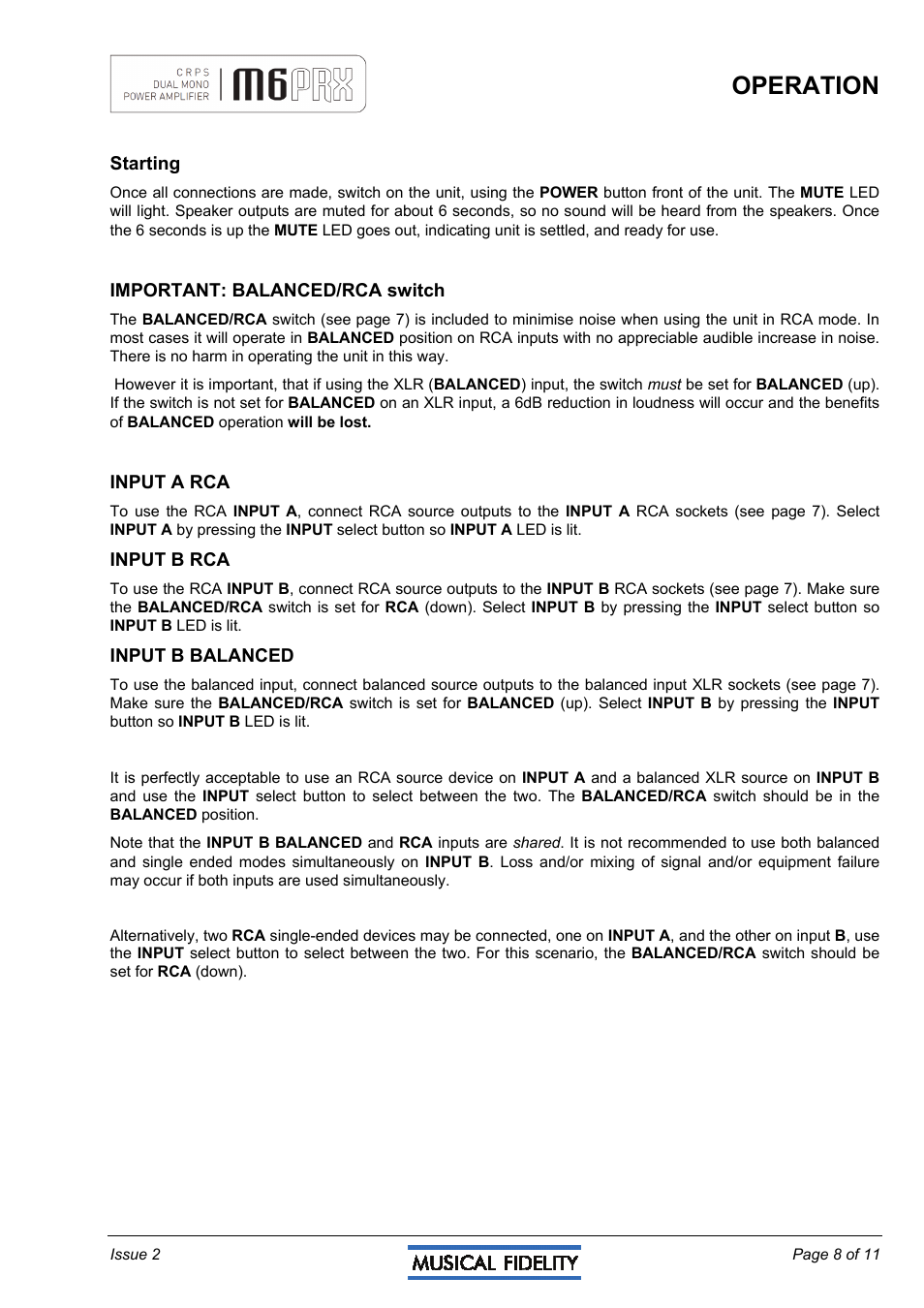 Operation | Musical Fidelity M6PRX User Manual | Page 8 / 11