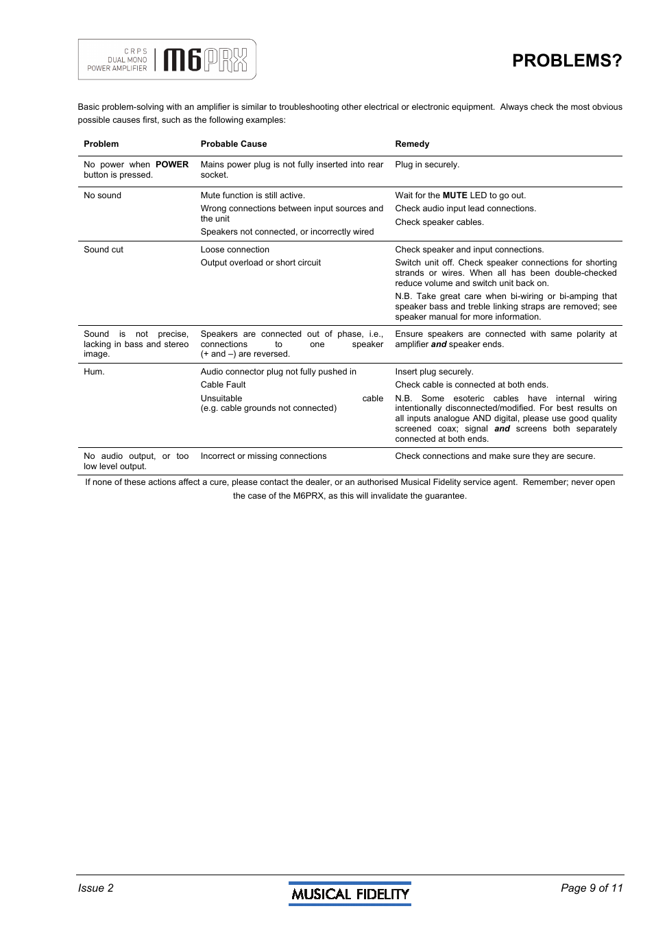 Problems | Musical Fidelity M6PRX User Manual | Page 9 / 11