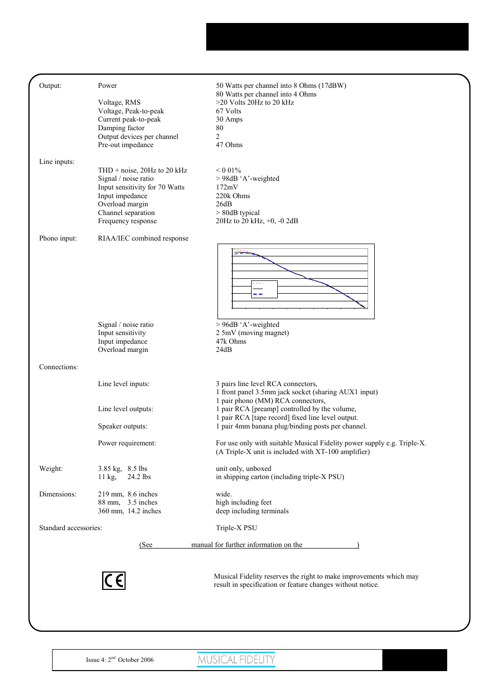 X-t100, Amplifier specifications | Musical Fidelity X-T100 User Manual | Page 10 / 11