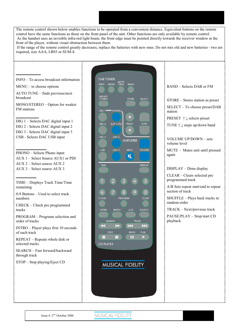 X-t100, Remote control | Musical Fidelity X-T100 User Manual | Page 7 / 11