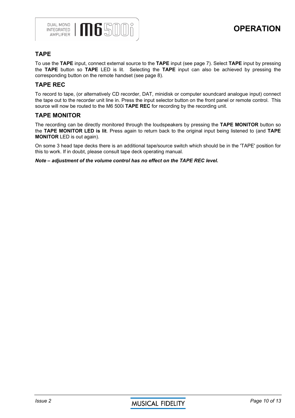 Operation | Musical Fidelity M6500I User Manual | Page 10 / 13