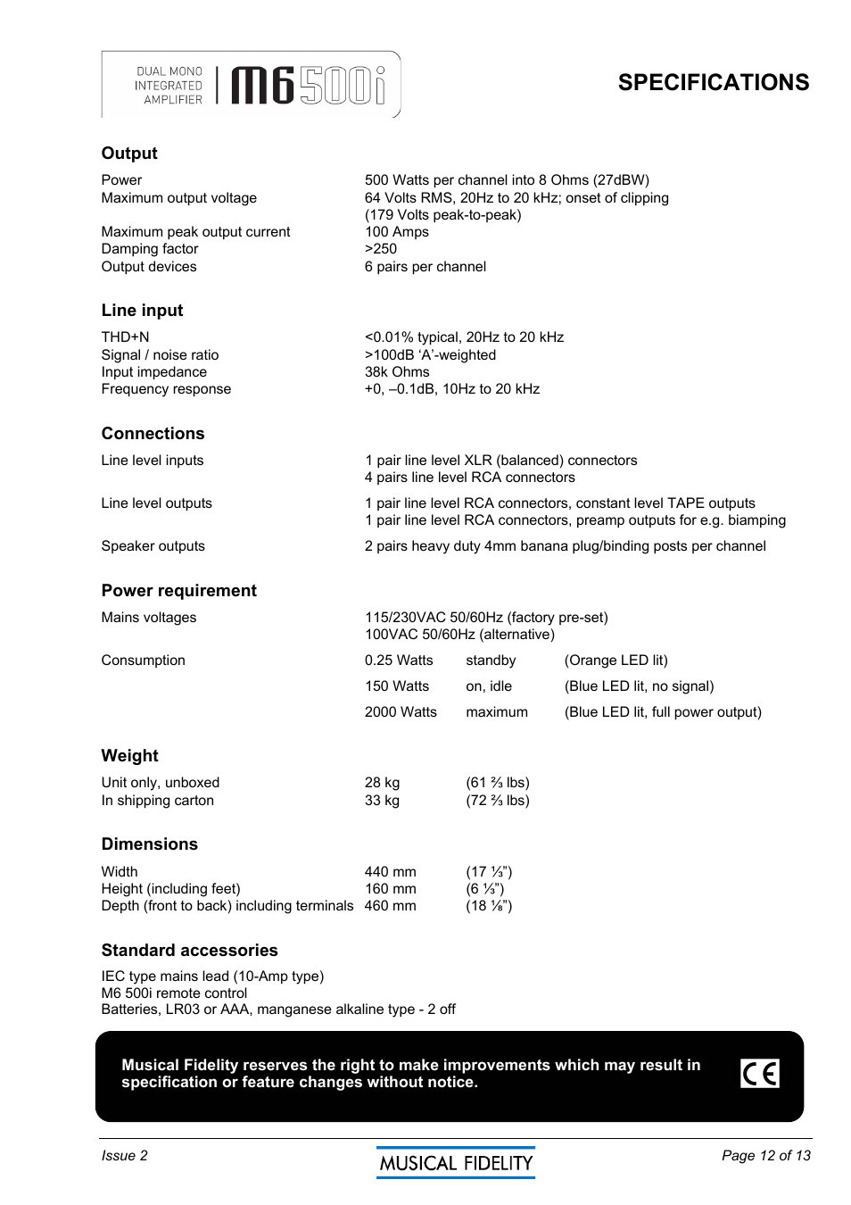 Specifications | Musical Fidelity M6500I User Manual | Page 12 / 13