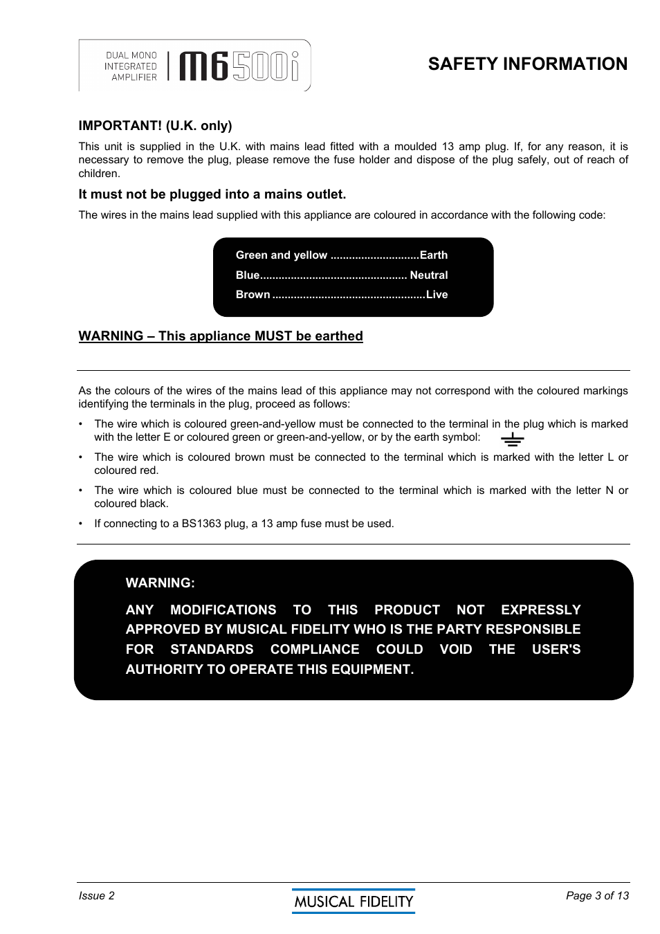 Safety information | Musical Fidelity M6500I User Manual | Page 3 / 13