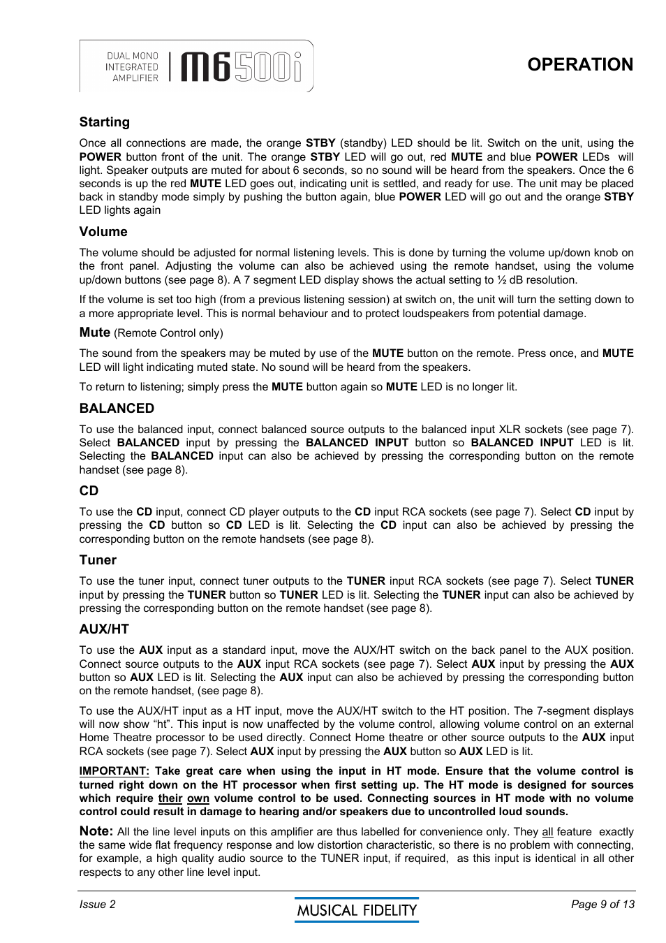 Operation | Musical Fidelity M6500I User Manual | Page 9 / 13