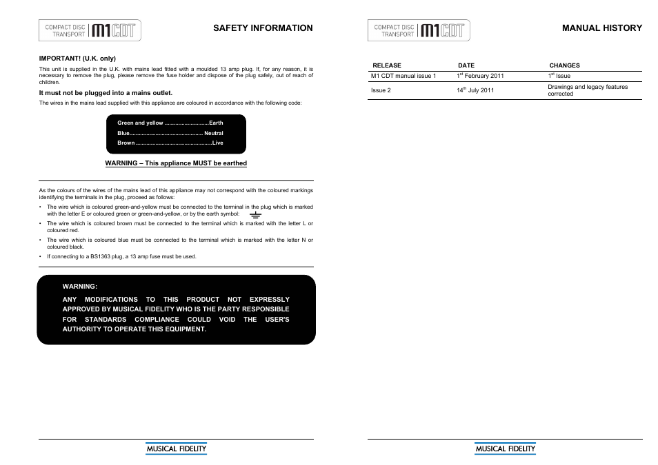 Safety information, Manual history | Musical Fidelity M1CDT User Manual | Page 4 / 10