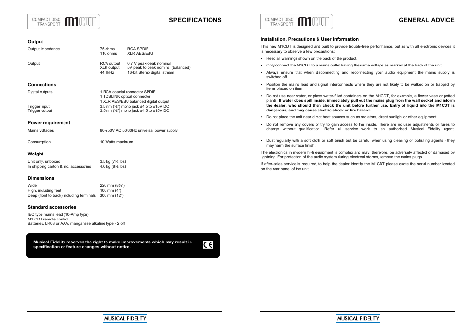 Specifications, General advice | Musical Fidelity M1CDT User Manual | Page 5 / 10