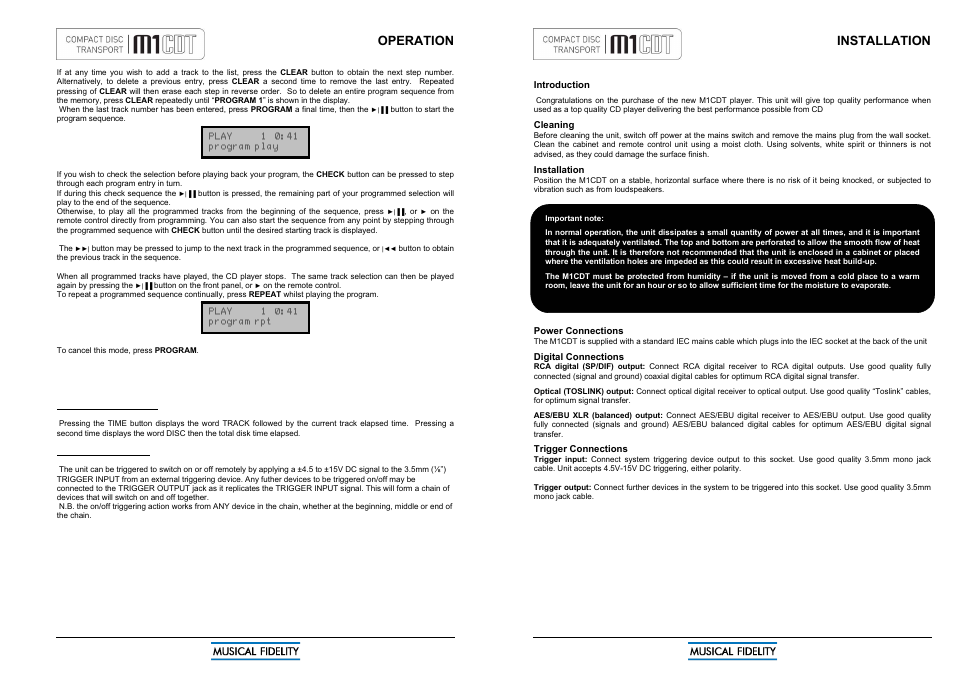 Operation, Installation | Musical Fidelity M1CDT User Manual | Page 7 / 10
