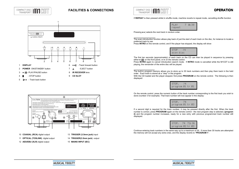 Facilities & connections, Operation | Musical Fidelity M1CDT User Manual | Page 8 / 10