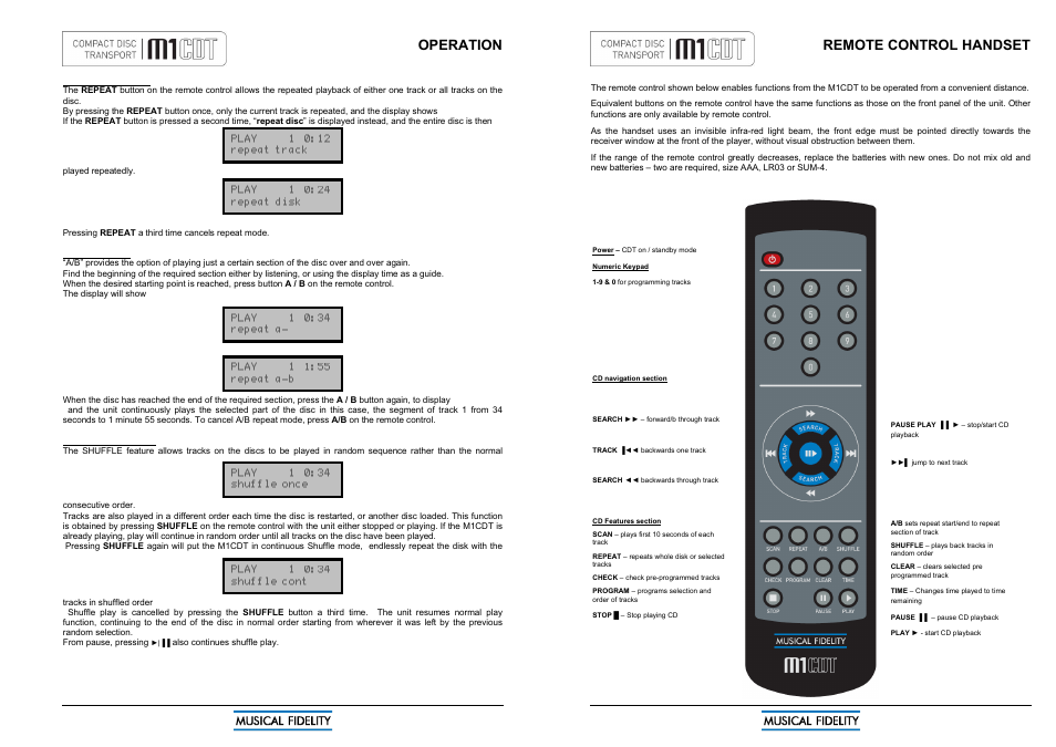 Operation, Remote control handset | Musical Fidelity M1CDT User Manual | Page 9 / 10
