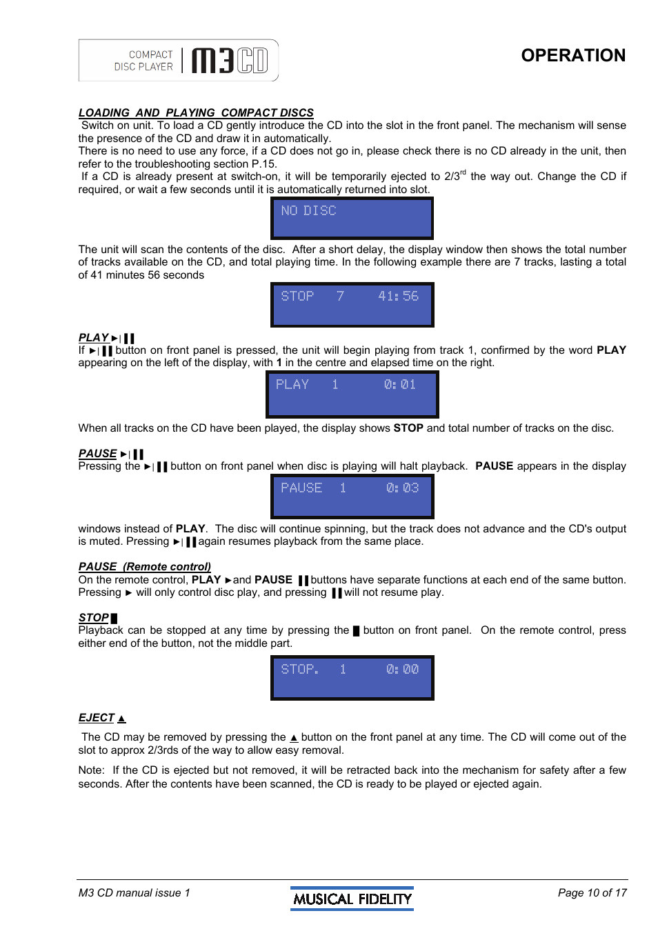 Operation | Musical Fidelity M3CD User Manual | Page 10 / 17