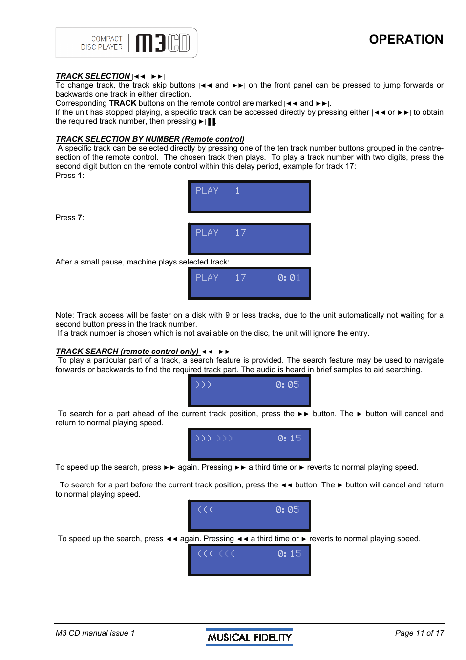 Operation | Musical Fidelity M3CD User Manual | Page 11 / 17