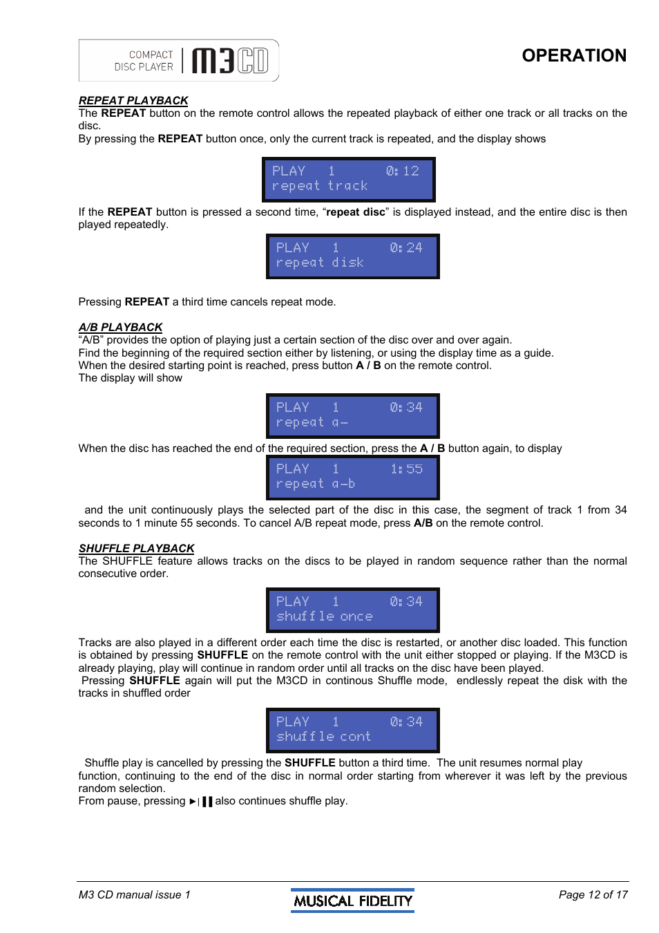 Operation | Musical Fidelity M3CD User Manual | Page 12 / 17