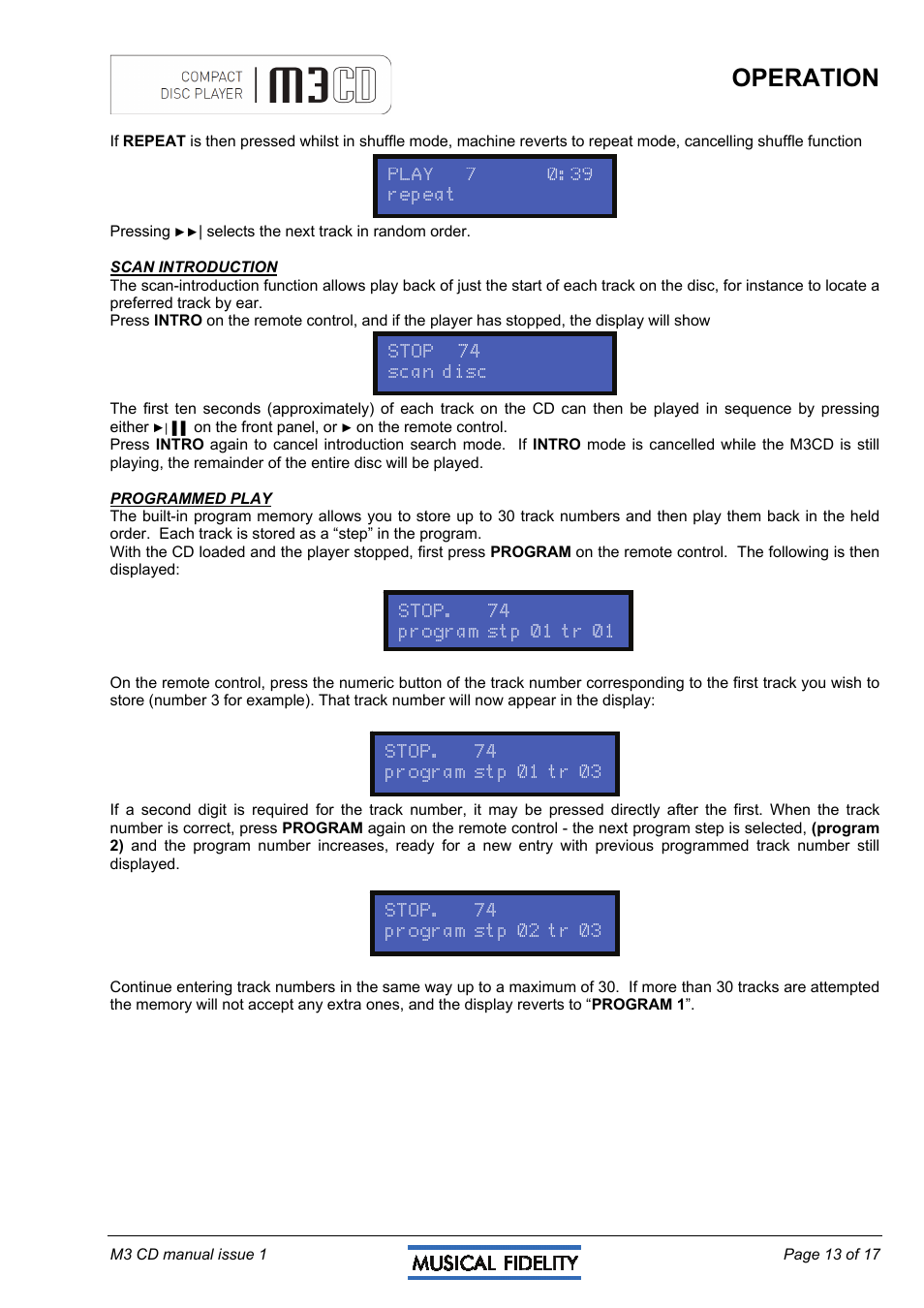 Operation | Musical Fidelity M3CD User Manual | Page 13 / 17