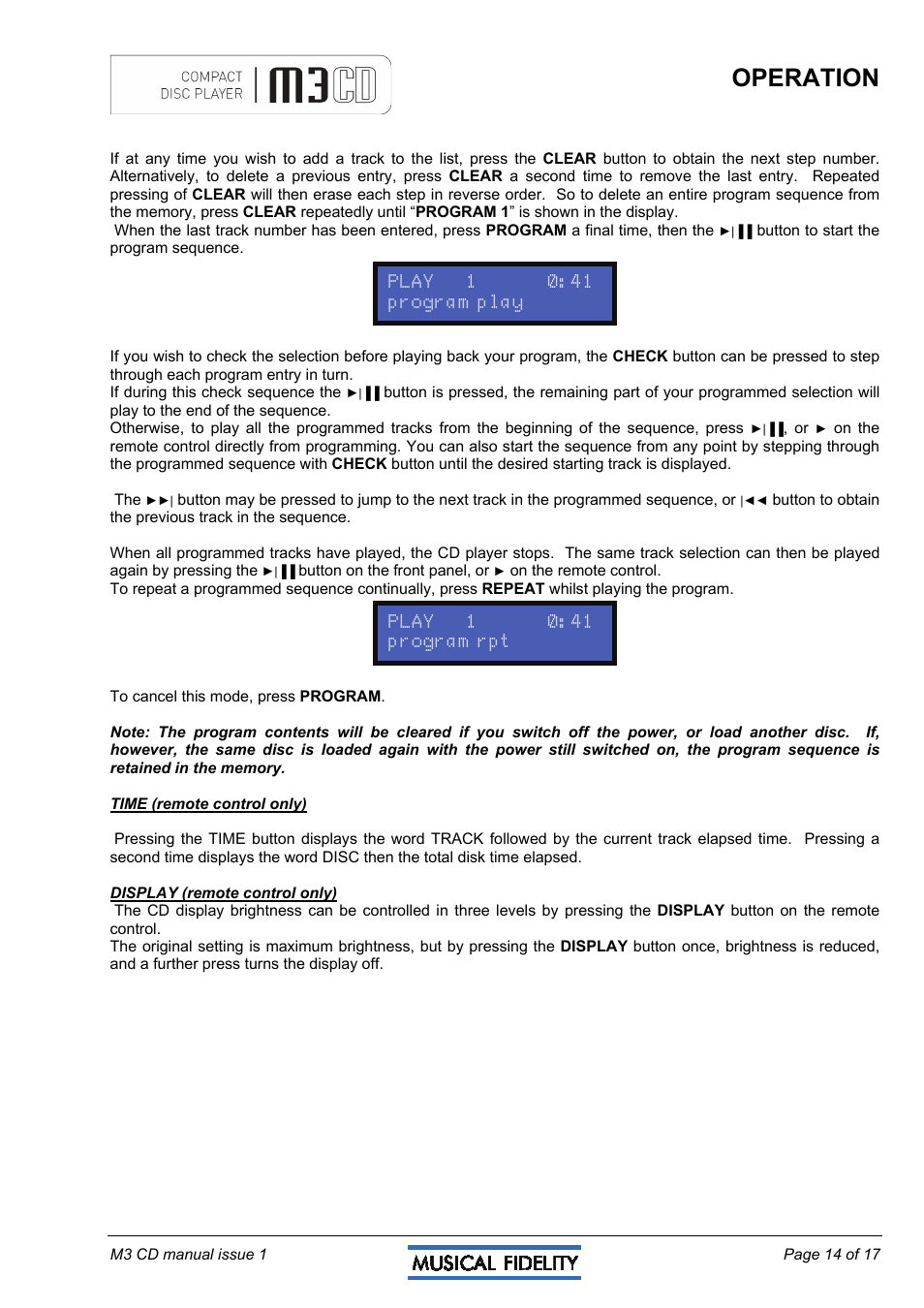 Operation | Musical Fidelity M3CD User Manual | Page 14 / 17