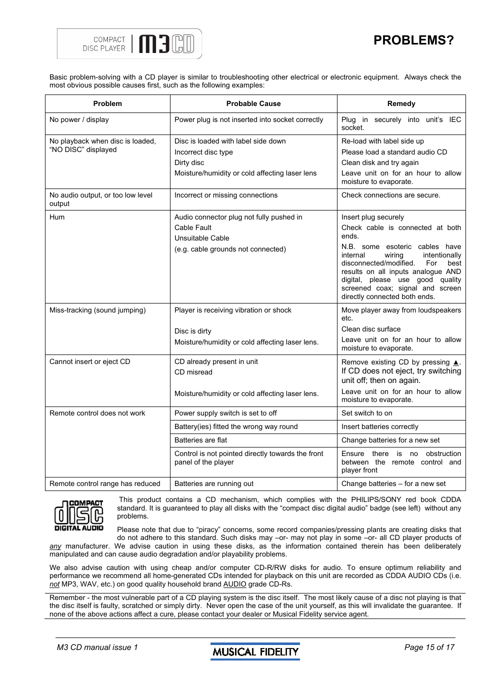 Problems | Musical Fidelity M3CD User Manual | Page 15 / 17