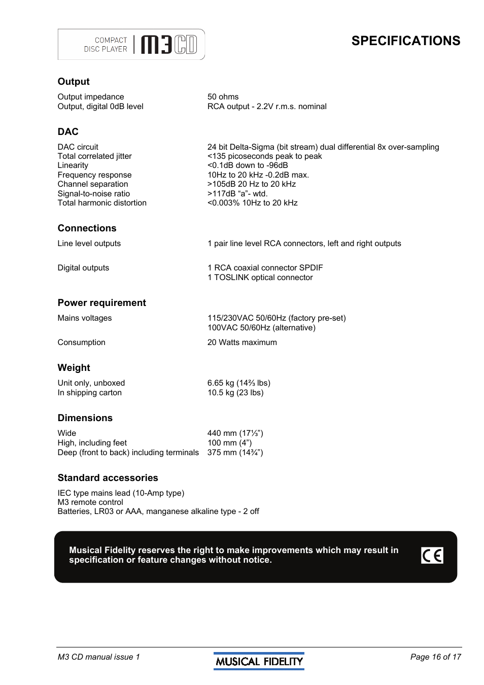 Specifications | Musical Fidelity M3CD User Manual | Page 16 / 17
