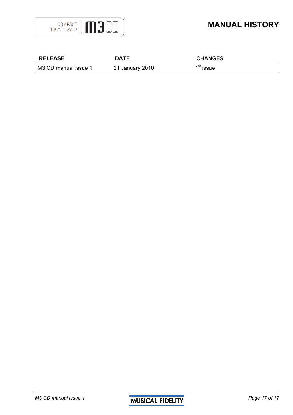 Manual history | Musical Fidelity M3CD User Manual | Page 17 / 17